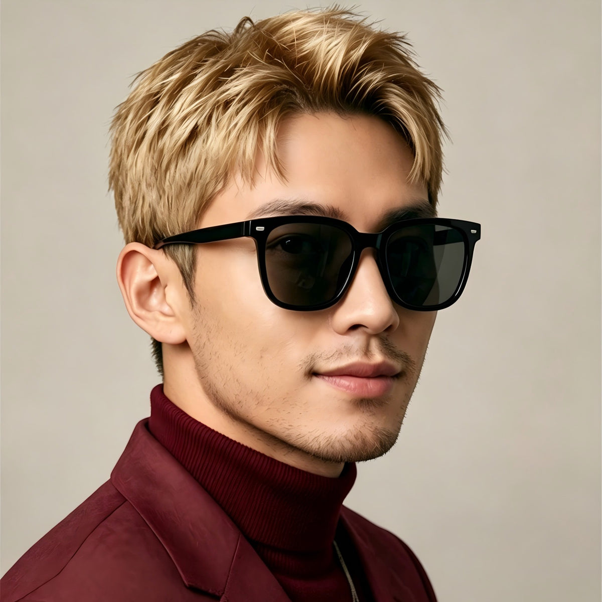 Male model wearing AvileDubee TR20416 black TR90 square polarized sunglasses, maroon turtleneck smart casual outfit indoor lifestyle shot for men daily driving eyewear