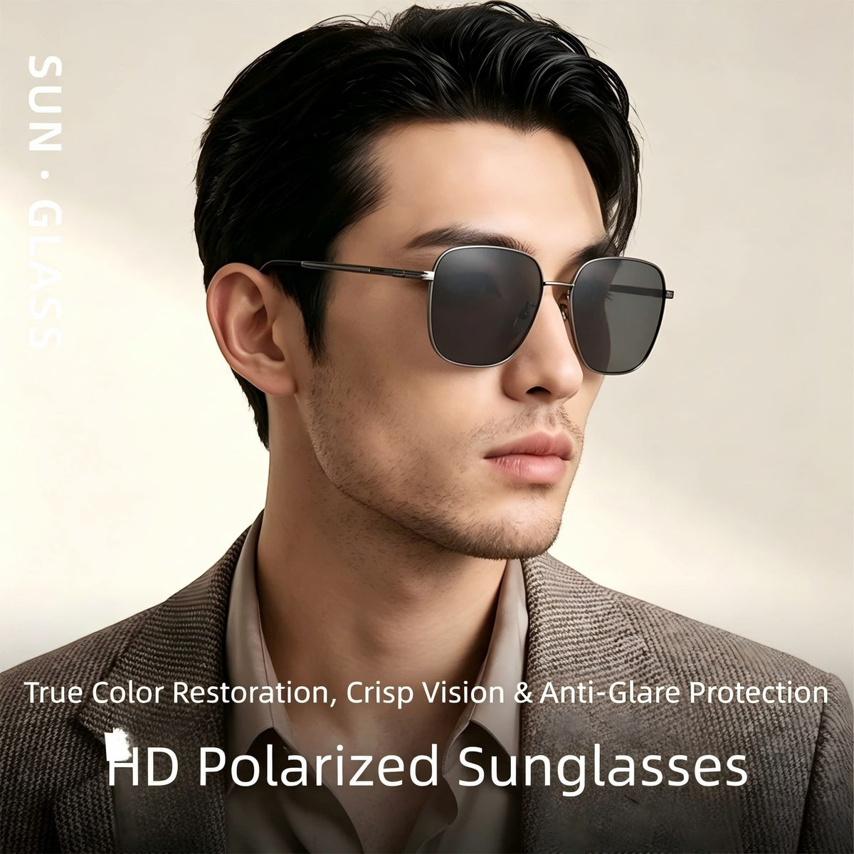 Male model wearing retro square titanium polarized sunglasses for business office and highway driving, HD anti-glare UV400 lenses men lifestyle photography