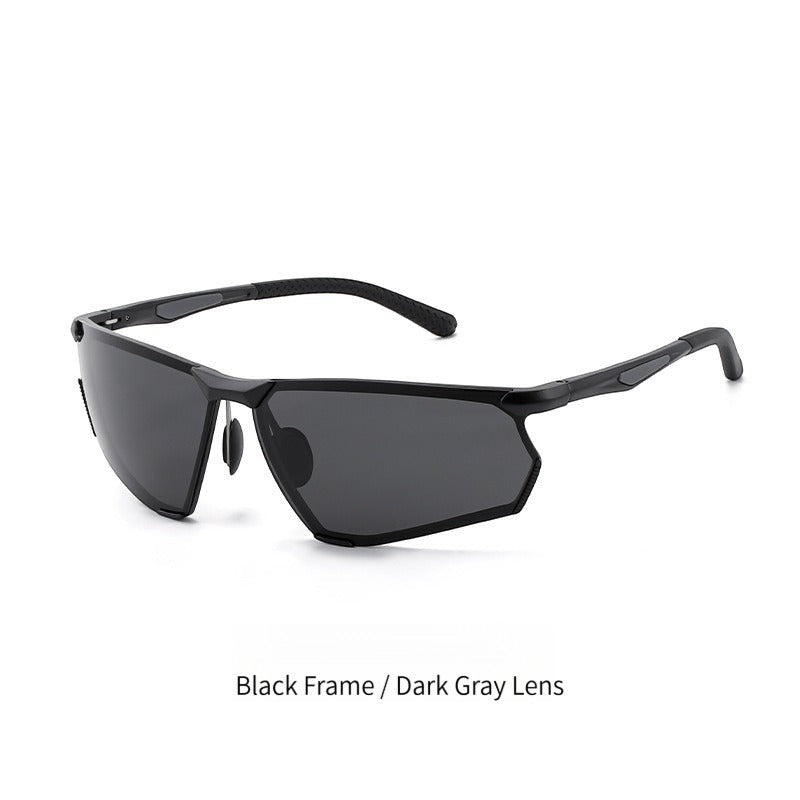AvilaDubee AD8803 unisex outdoor sport sunglasses variant, gloss black aerospace aluminum-magnesium half-rim frame dark grey UV400 polarized anti-glare lenses white background studio photo for driving fishing cycling