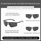 Feature banner of AvilaDubee AD8803 aluminum magnesium riding sunglasses, displays black & gunmetal frame variants, highlights durable metal build anti-slip temple tips featherlight fit for all long rides