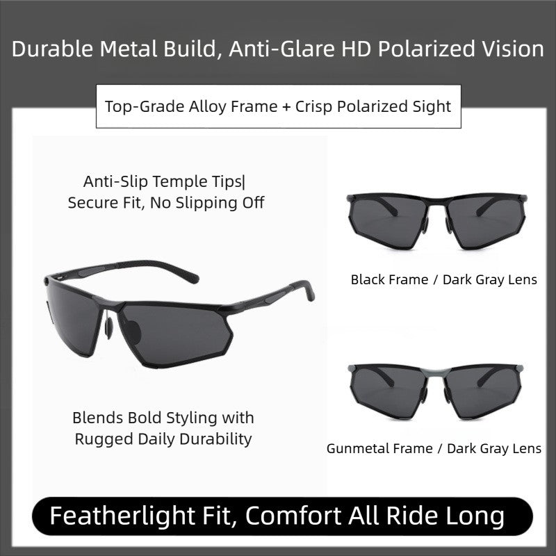 Feature banner of AvilaDubee AD8803 aluminum magnesium riding sunglasses, displays black & gunmetal frame variants, highlights durable metal build anti-slip temple tips featherlight fit for all long rides