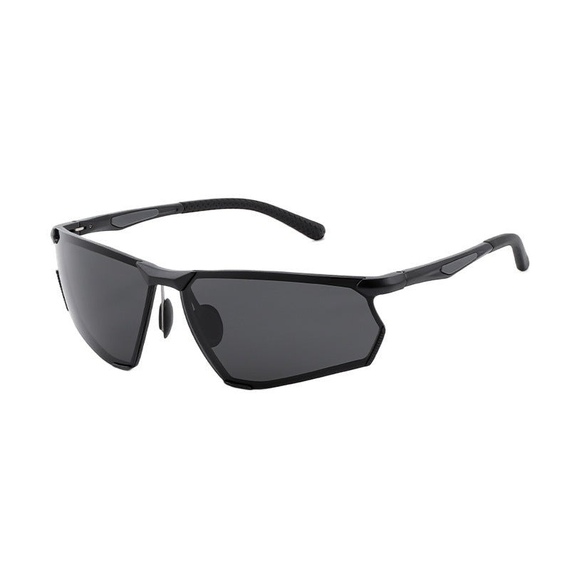 Side profile studio photo of AvilaDubee AD8803 lightweight aluminum magnesium sport sunglasses, matte black half-rim geometric frame dark grey polarized UV400 lenses for outdoor sports commuting