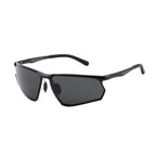 Side profile studio photo of AvilaDubee AD8803 lightweight aluminum magnesium sport sunglasses, matte black half-rim geometric frame dark grey polarized UV400 lenses for outdoor sports commuting