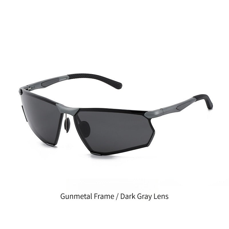 Gunmetal gray aluminum magnesium alloy frame AvilaDubee AD8803 half-rim riding polarized sunglasses, dark grey TAC UV400 glare reduction lenses lightweight 24g unisex outdoor sport eyewear variant shot