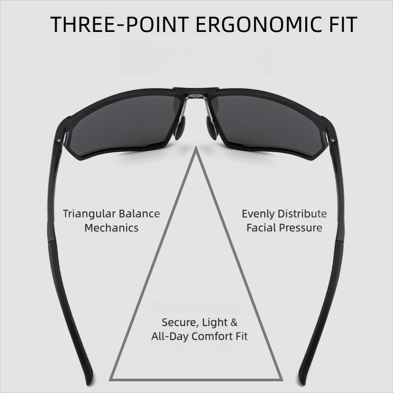 Ergonomic feature graphic banner for AvilaDubee AD8803 sport polarized sunglasses, triangular balance three-point fit design evenly distributes facial pressure all-day secure comfortable wear for cycling running