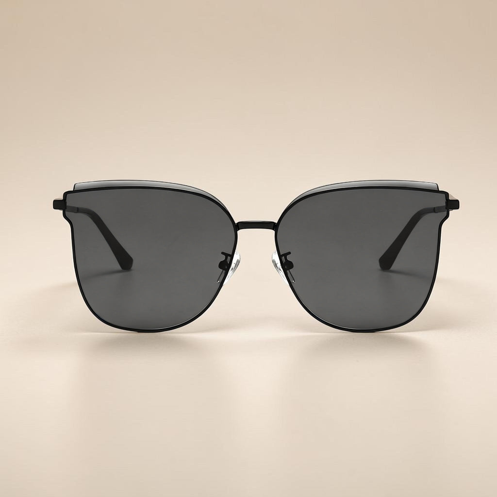 AvilaDubee DB7242 unisex oversized cat eye sunglasses main product shot, matte black lightweight stainless steel frame classic grey anti-glare UV400 gradient nylon lenses white background studio photo