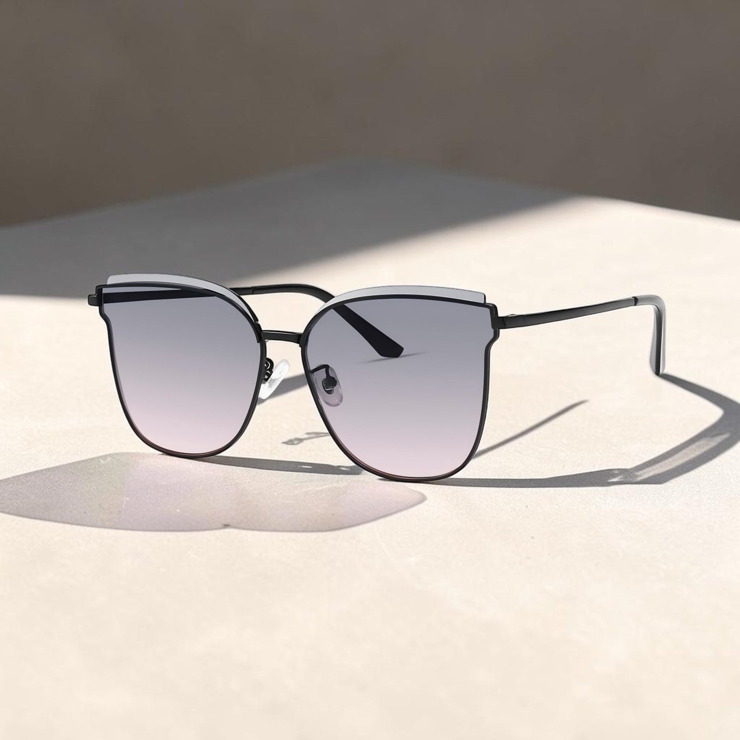Matte black stainless steel frame AvilaDubee DB7242 oversized cat eye sunglasses, soft ash pink gradient UV400 nylon glare reduction lenses chic street style unisex eyewear variant