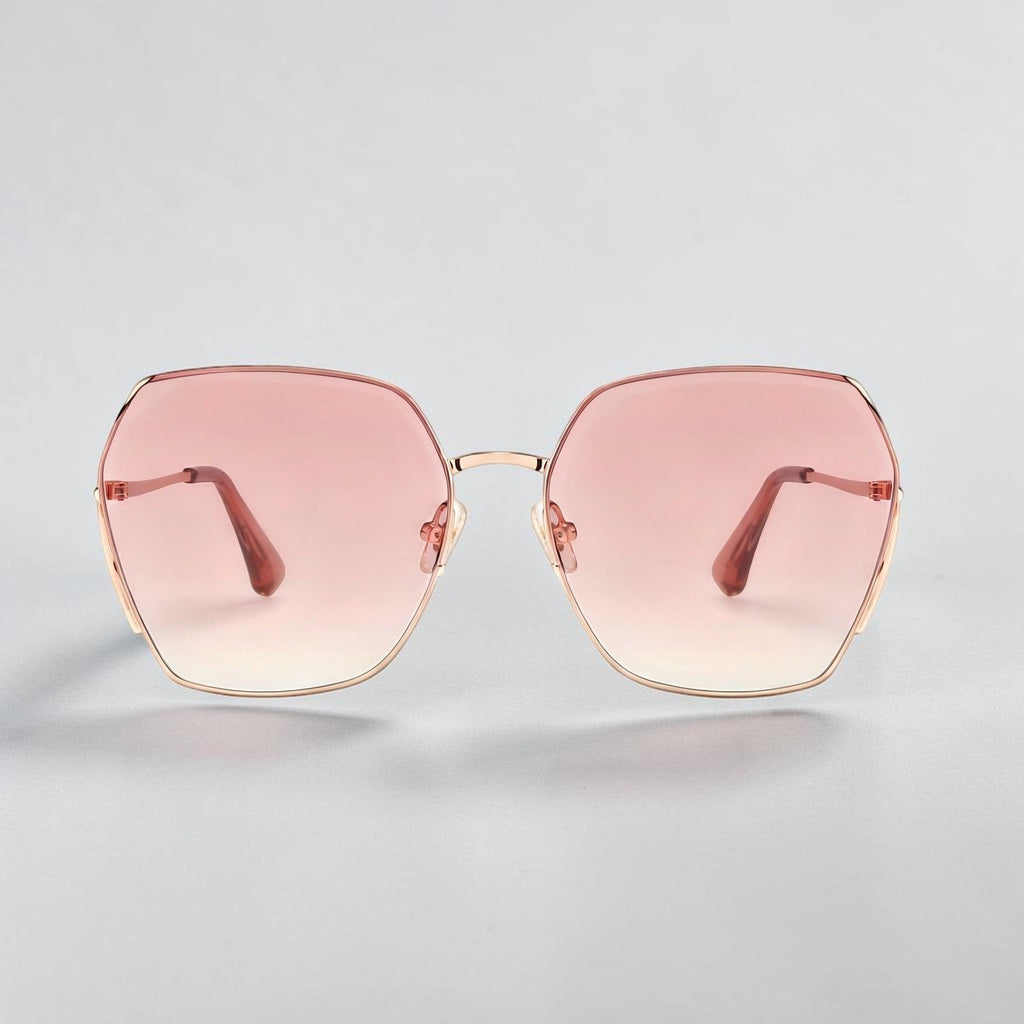 Minimalist white background studio shot of AvilaDubee DB7258 oversized square sunglasses, rose gold alloy frame blush pink gradient UV400 nylon lenses luxury women’s daily driving shades