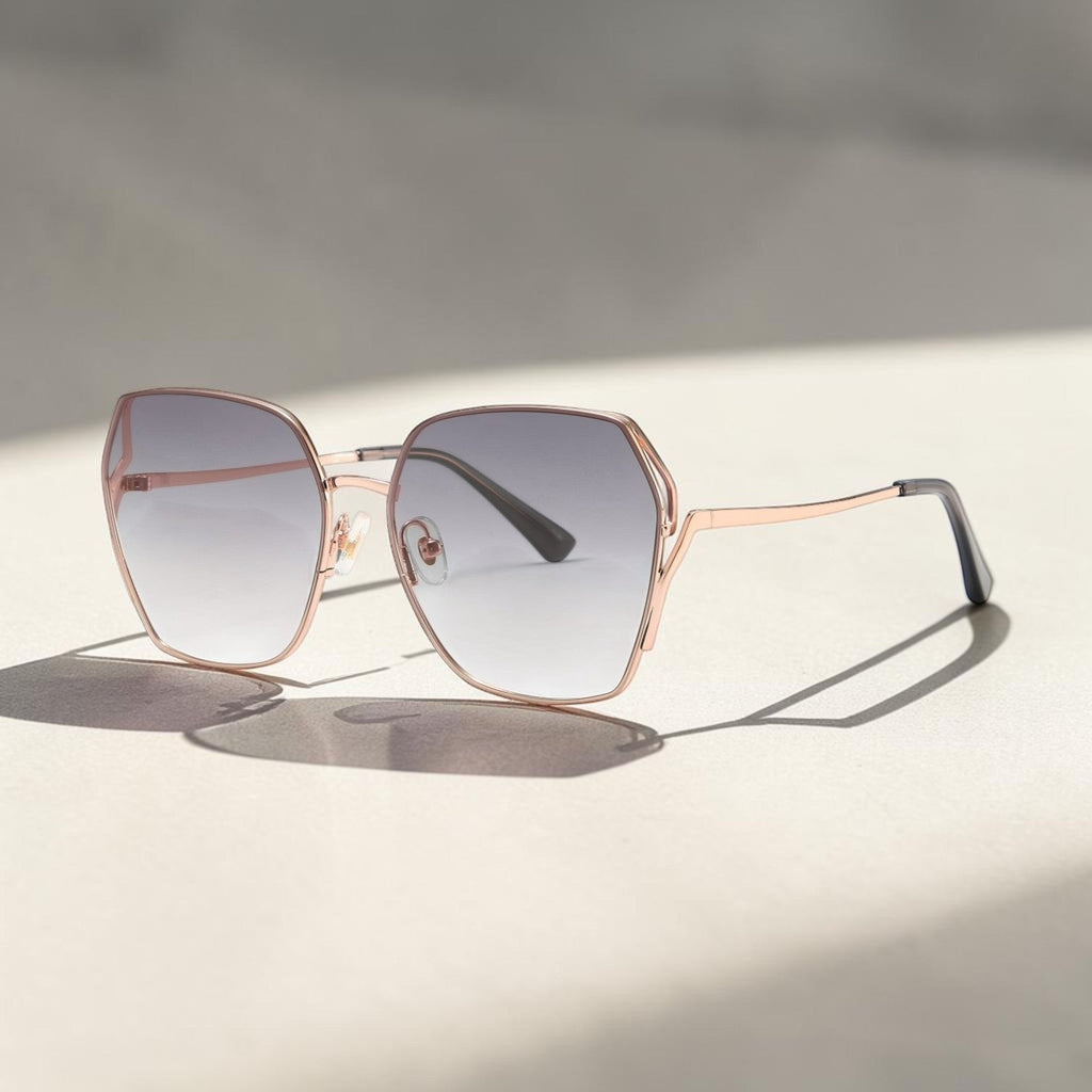 Soft sunlight shadow photo of AvilaDubee DB7258 rose gold oversized square sunglasses, mist grey gradient nylon UV400 lenses minimalist luxury fashion eyewear for beach trips