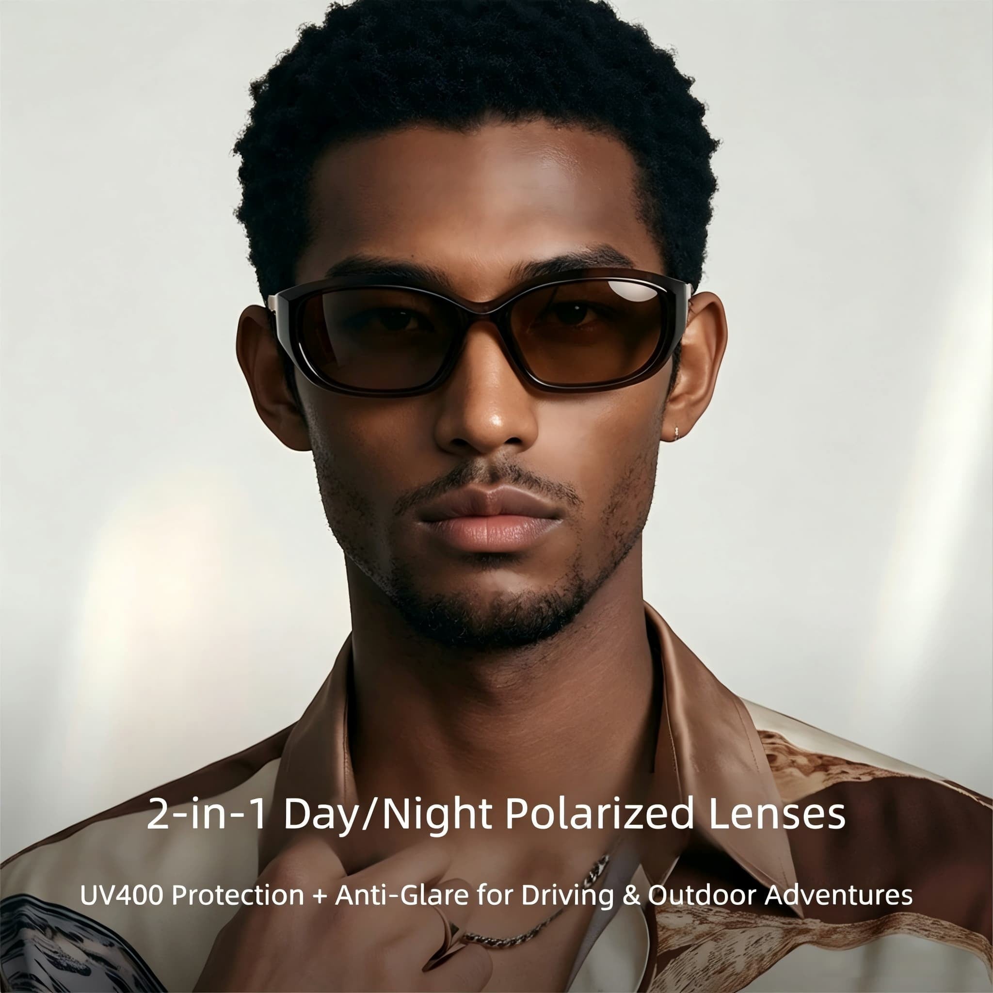 Fashion banner for AvilaDubee JL8889 2-in-1 day night foldable polarized sunglasses, text highlights UV400 full eye protection anti-glare for highway driving hiking outdoor adventures