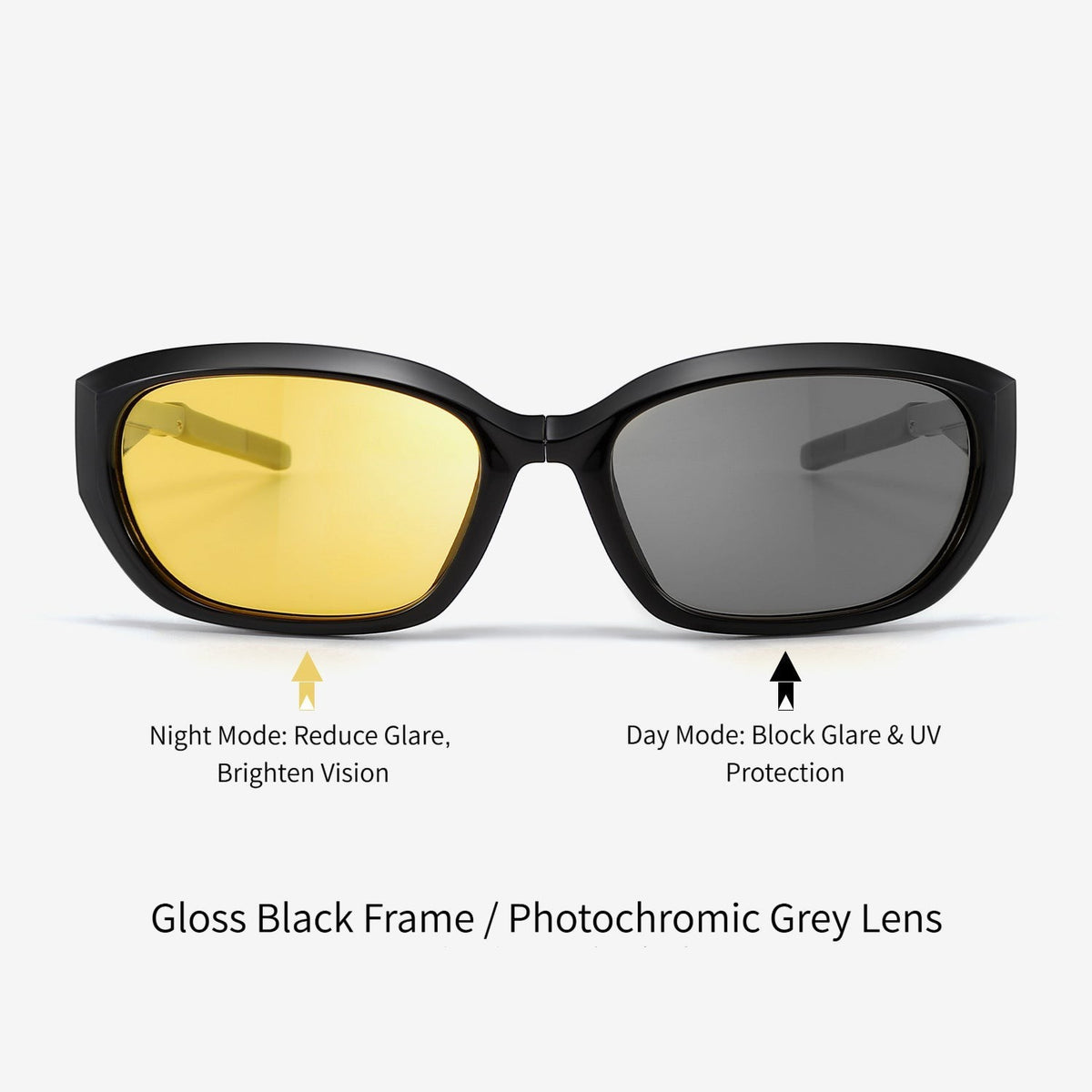 Gloss black foldable TR90 sunglasses AvilaDubee JL8889 with photochromic dual day-night lenses, yellow night anti-glare mode & grey sun UV protection mode unisex driving eyewear variant