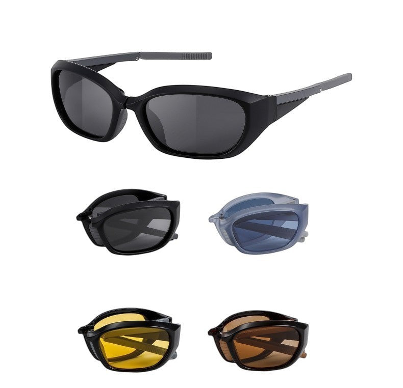 Color collection banner of AvilaDubee JL8889 foldable unbreakable TR90 polarized sunglasses, matte black, matte blue, yellow photochromic & brown tint lenses for men women outdoor sports driving