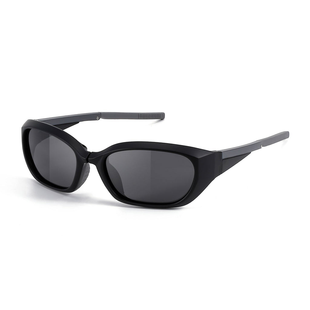 Side profile studio shot of AvilaDubee JL8889 matte black foldable TR90 sport sunglasses, dark grey UV400 polarized lenses lightweight pocket portable eyewear for active lifestyles