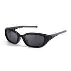 Side profile studio shot of AvilaDubee JL8889 matte black foldable TR90 sport sunglasses, dark grey UV400 polarized lenses lightweight pocket portable eyewear for active lifestyles