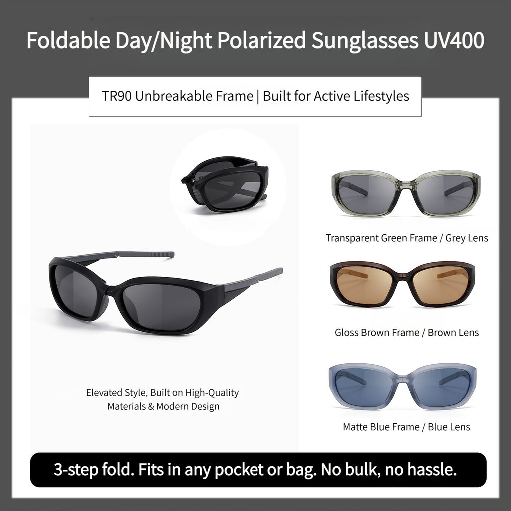 Feature graphic banner of AvilaDubee JL8889 foldable pocket sunglasses, highlights unbreakable flexible TR90 frame, 3-step compact fold design, UV400 polarized lenses for cycling hiking daily driving
