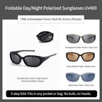 Feature graphic banner of AvilaDubee JL8889 foldable pocket sunglasses, highlights unbreakable flexible TR90 frame, 3-step compact fold design, UV400 polarized lenses for cycling hiking daily driving
