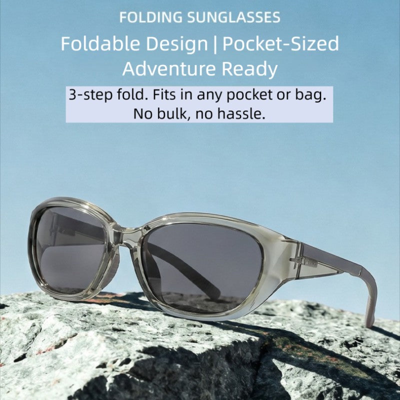 Outdoor mountain rock lifestyle photo of AvilaDubee JL8889 transparent green foldable TR90 polarized sunglasses, lightweight pocket sized design for hiking camping beach trips