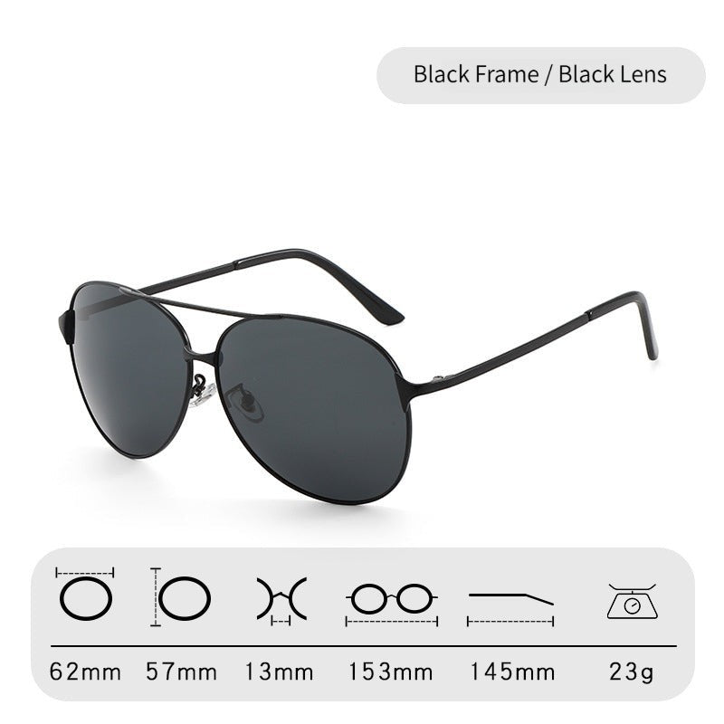 Matte black thin metal frame AvilaDubee P8009 unisex aviator polarized sunglasses, solid black anti-glare TAC lenses with full product size specs studio variant photo