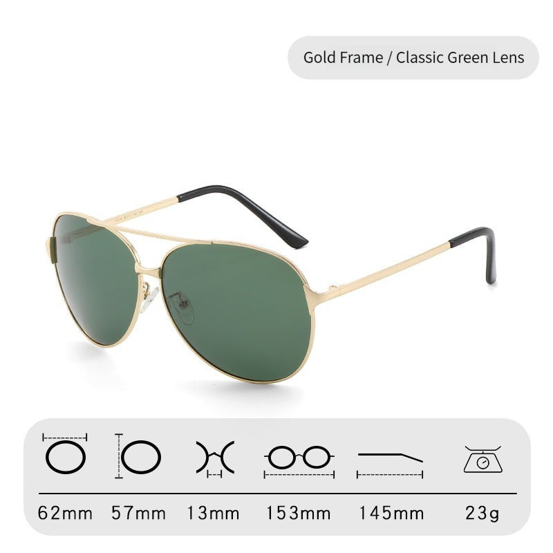 Timeless gold metal aviator sunglasses AvilaDubee P8009 for men women, natural classic green tint UV400 polarized lenses full official dimension size chart white background