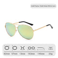 AvilaDubee P8009 unisex aviator variant sunglasses, gold lightweight metal frame with gold-green mirror TAC polarized UV400 lenses, official full dimension size chart white background