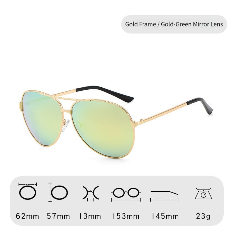AvilaDubee P8009 unisex aviator variant sunglasses, gold lightweight metal frame with gold-green mirror TAC polarized UV400 lenses, official full dimension size chart white background