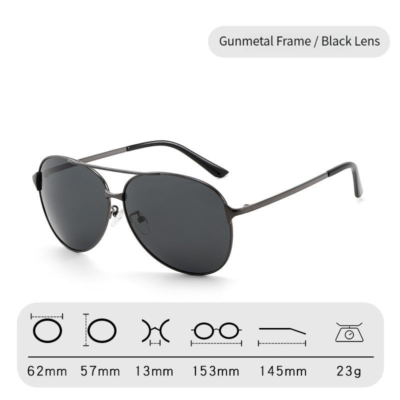 Gunmetal dark grey metal frame AvileDubee P8009 lightweight aviator sunglasses, solid black UV400 polarized lenses complete measurement size chart white background variant