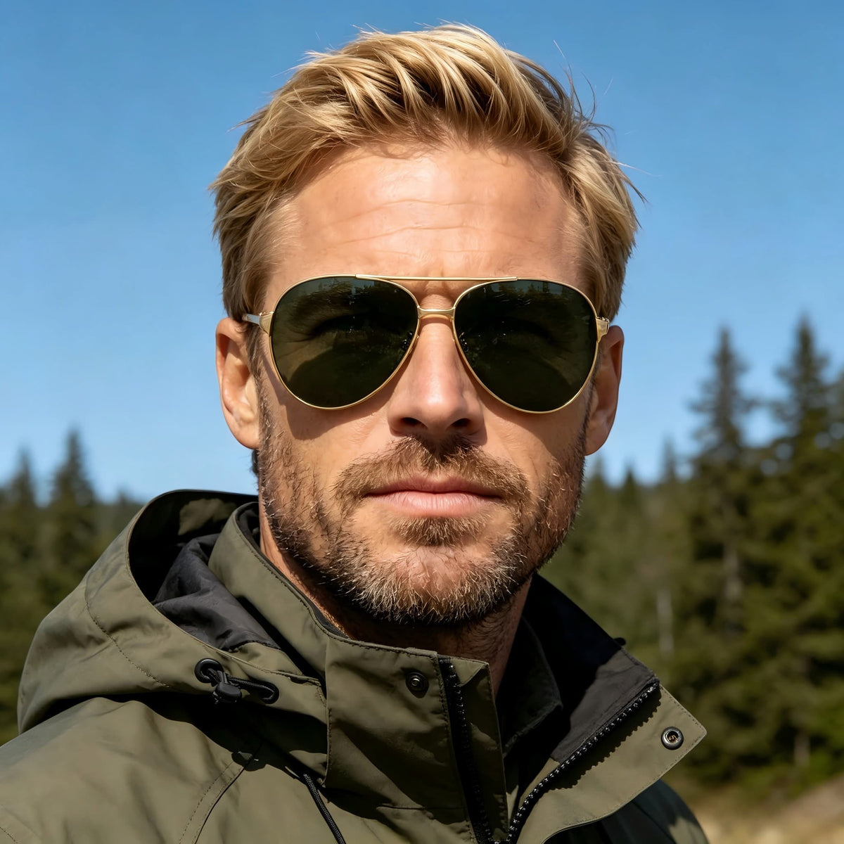 Blonde male model wearing AvilaDubee P8009 gold metal aviator polarized sunglasses, outdoor pine mountain background hiking travel lifestyle shot for driving eyewear