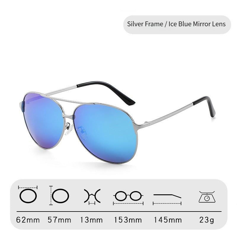 Silver metal frame AvilaDubee P8009 classic teardrop aviator sunglasses, ice blue mirror anti-glare polarized lenses complete measurement size chart studio variant image