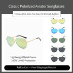 Feature banner of AvilaDubee P8009 unisex aviator sunglasses, highlights lightweight metal frame, UV400 polarized lenses, 5 versatile colorways, free shipping & returns for driving outdoor use
