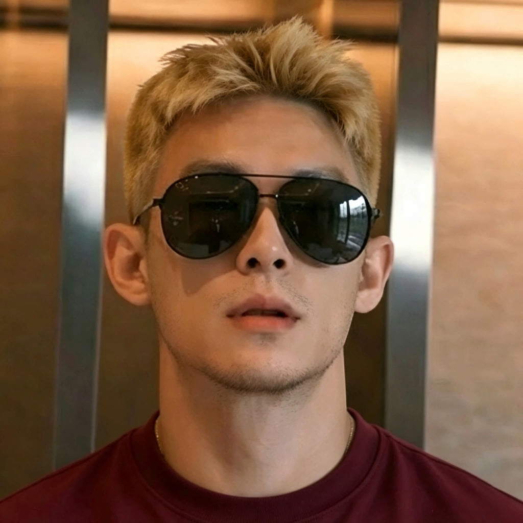 Young asian male model wearing AvilaDubee P8009 classic aviator polarized sunglasses, minimalist indoor background timeless unisex street & driving fashion eyewear