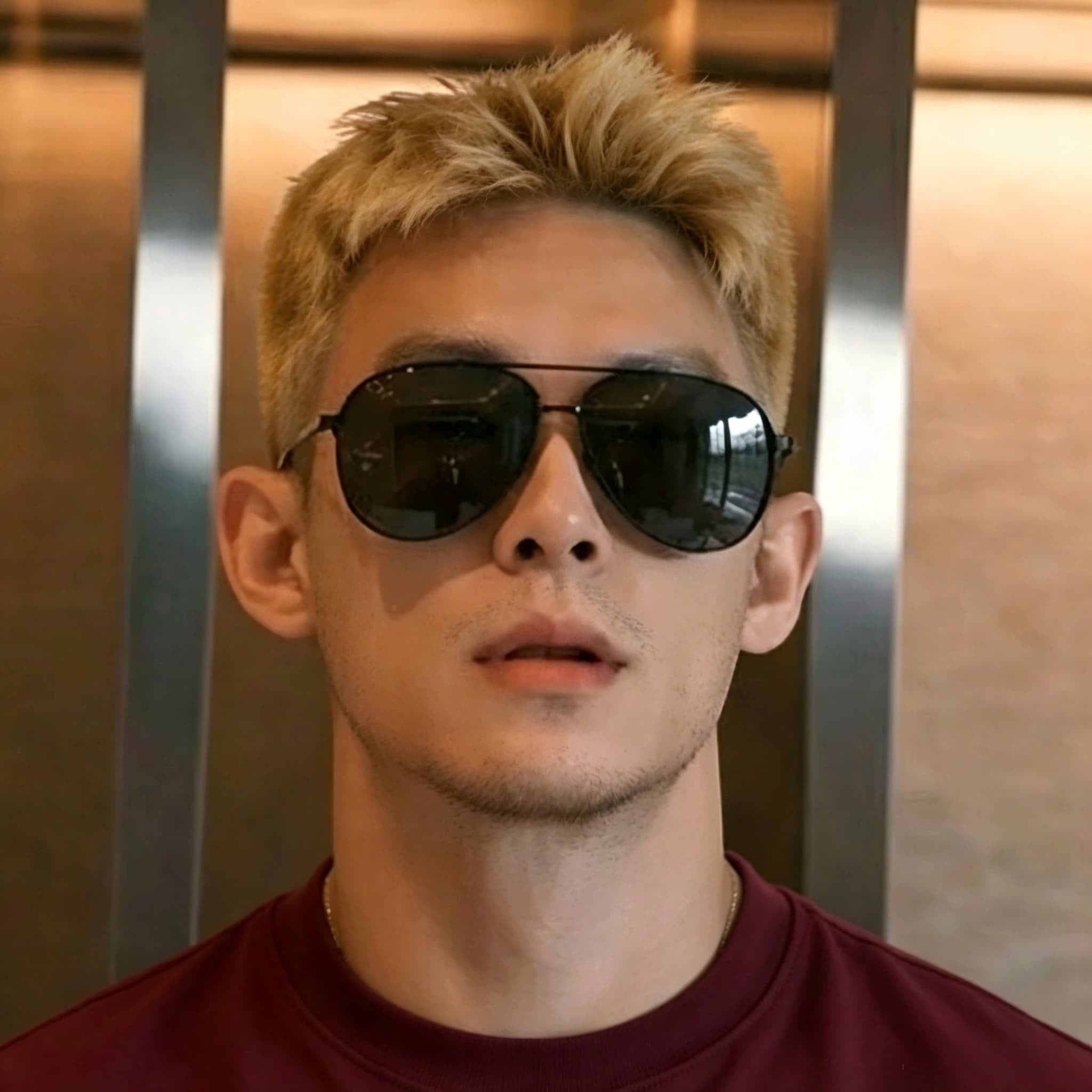 Young asian male model wearing AvilaDubee P8009 classic aviator polarized sunglasses, minimalist indoor background timeless unisex street & driving fashion eyewear