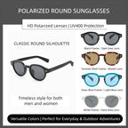 Feature banner of AvilaDubee TZ5108 retro round unisex polarized sunglasses, displays 4 frame color variants, highlights HD TAC UV400 glare protection for daily outdoor adventure street fashion