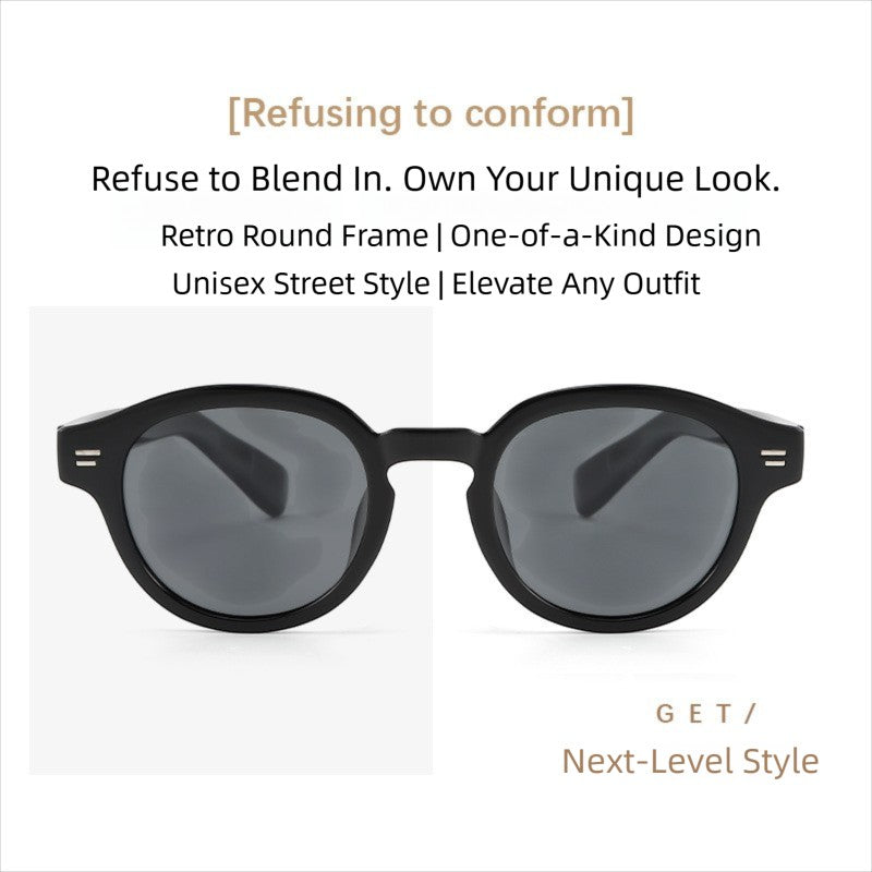 Fashion graphic banner for AvilaDubee TZ5108 retro round TR90 polarized sunglasses, text introduces vintage unisex streetwear design, lightweight ergonomic fit for all face shapes