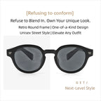 Fashion graphic banner for AvilaDubee TZ5108 retro round TR90 polarized sunglasses, text introduces vintage unisex streetwear design, lightweight ergonomic fit for all face shapes