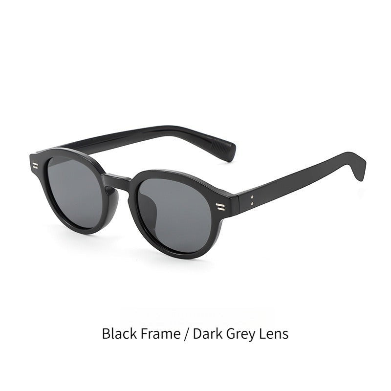 AvilaDubee TZ5108 unisex retro round sunglasses variant, matte black flexible TR90 frame paired with dark grey UV400 polarized anti-glare lenses plain white background studio photo for driving streetwear