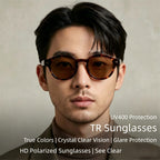 East asian male model wearing AvilaDubee TZ5108 tortoise shell retro round polarized sunglasses, indoor minimalist background, UV400 eye protection true color clear vision driving eyewear