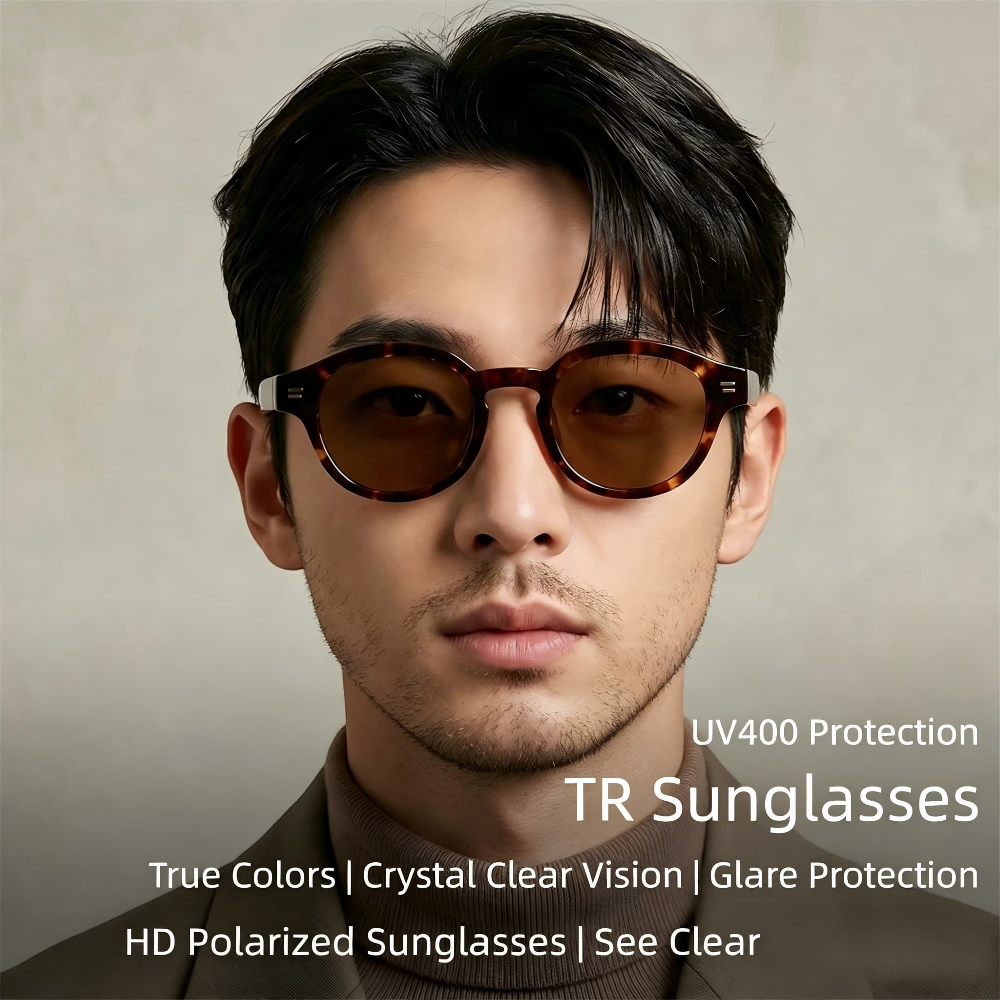 East asian male model wearing AvilaDubee TZ5108 tortoise shell retro round polarized sunglasses, indoor minimalist background, UV400 eye protection true color clear vision driving eyewear