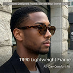 Black male model wearing AvilaDubee TZ5108 tortoise shell retro round polarized sunglasses, urban stone wall street background, lightweight flexible TR90 frame all-day comfort fit