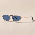 AvilaDubee unisex vintage slim small oval sunglasses, lightweight high-nickel copper alloy gold frame blue UV protective nylon lenses white background main studio photo for retro Y2K streetwear beach travel fashion