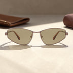 Flat styling photo of AvilaDubee Y2K angular slim metal sunglasses, brown frame light brown tint UV lenses paired with leather wallet minimalist neutral background street fashion display