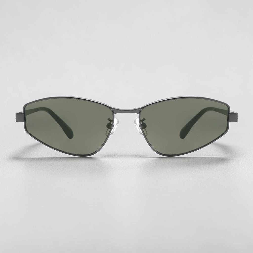Plain white background product photo of AvilaDubee slim angular Y2K sunglasses, gunmetal thin metal frame green tint UV lenses trendy unisex eyewear for city walks social photos