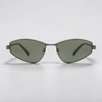 Plain white background product photo of AvilaDubee slim angular Y2K sunglasses, gunmetal thin metal frame green tint UV lenses trendy unisex eyewear for city walks social photos