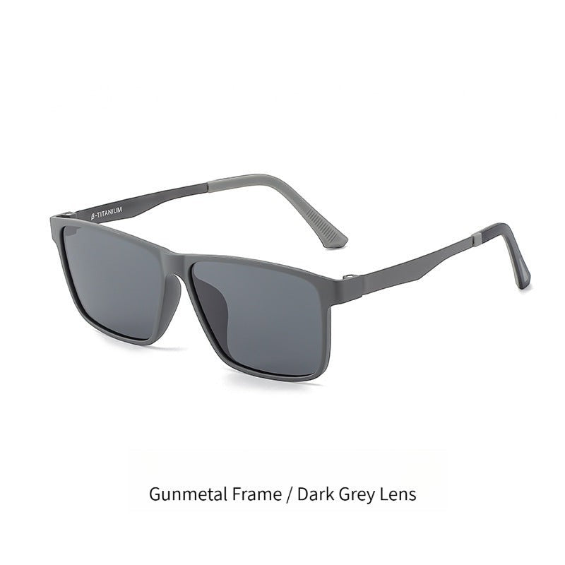Gunmetal grey matte frame AvilaDubee YJ6660 lightweight β-titanium polarized sunglasses for gentlemen, dark grey anti-glare TAC lenses studio white background variant image for driving office use