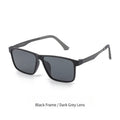 AvilaDubee YJ6660 men business sunglasses variant, matte black full plastic frame paired with dark grey UV400 TAC polarized lenses, flexible β-titanium temples white background studio photo