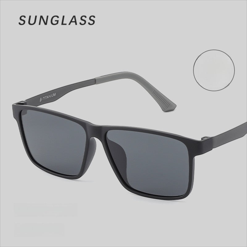 Side profile studio photo of AvilaDubee YJ6660 men’s business polarized sunglasses, ultra-light β-titanium anti-slip temple detail display on minimalist light grey background