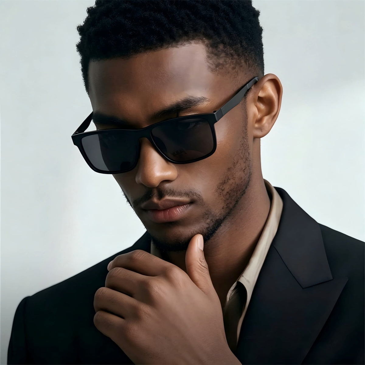 Black male model wearing AvilaDubee YJ6660 matte black square titanium sunglasses with formal suit, business office lifestyle shot ideal for daily driving and corporate occasions