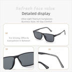 Feature detail banner for AvilaDubee YJ6660 lightweight β-titanium men sunglasses, close-ups of flexible titanium temples, square frame, ideal for office driving golf outdoor travel