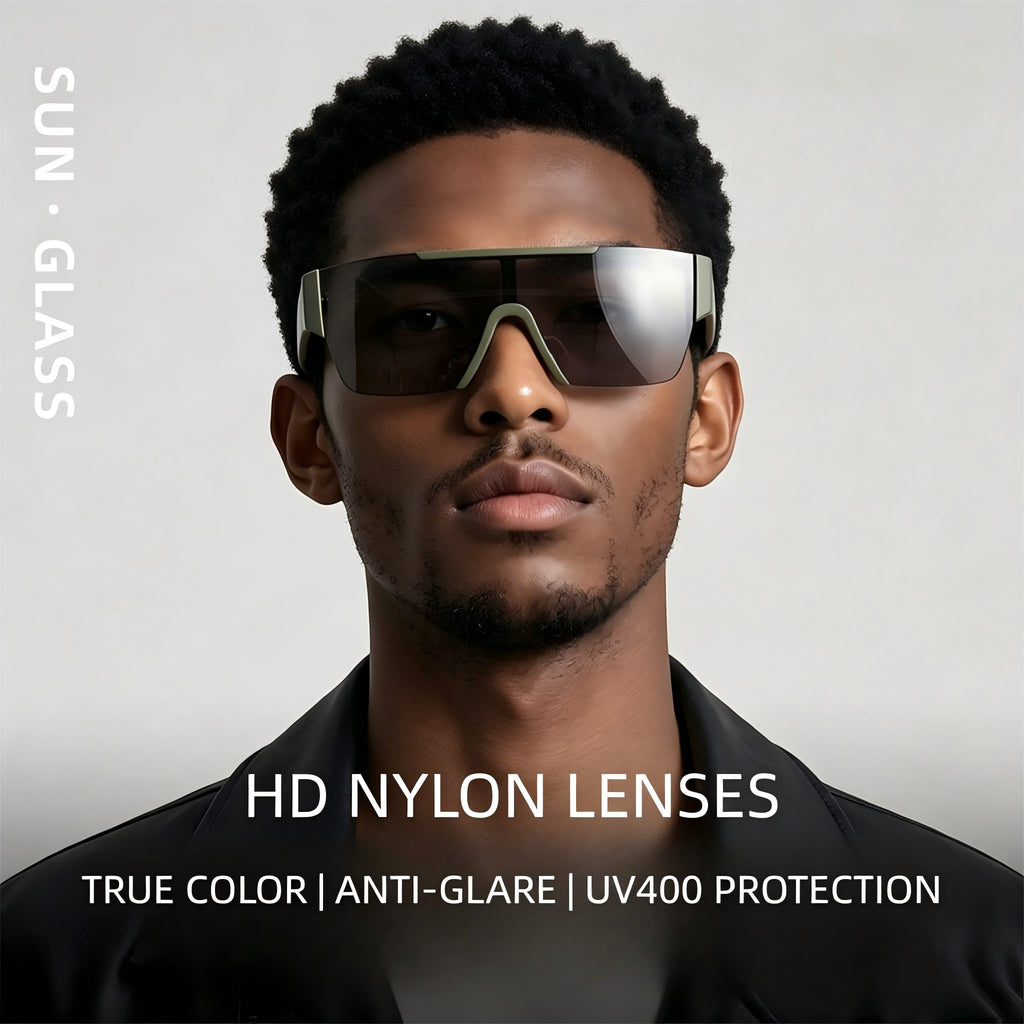 Fashion banner of AvileDubee HB80385 one-piece shield sunglasses, text highlights HD nylon polarized lenses, true color restoration, anti-glare & full UV400 eye protection for driving sports