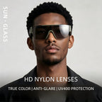 Fashion banner of AvileDubee HB80385 one-piece shield sunglasses, text highlights HD nylon polarized lenses, true color restoration, anti-glare & full UV400 eye protection for driving sports