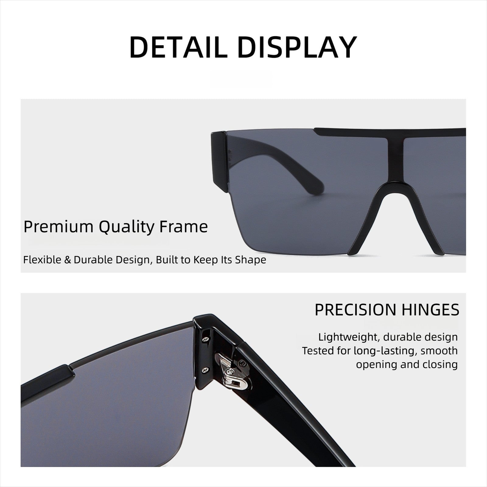 Detail display graphic for AvileDubee HB80385 one-piece shield polarized sunglasses, close-up of flexible durable TR90 frame and long-lasting smooth precision metal hinges for outdoor sports